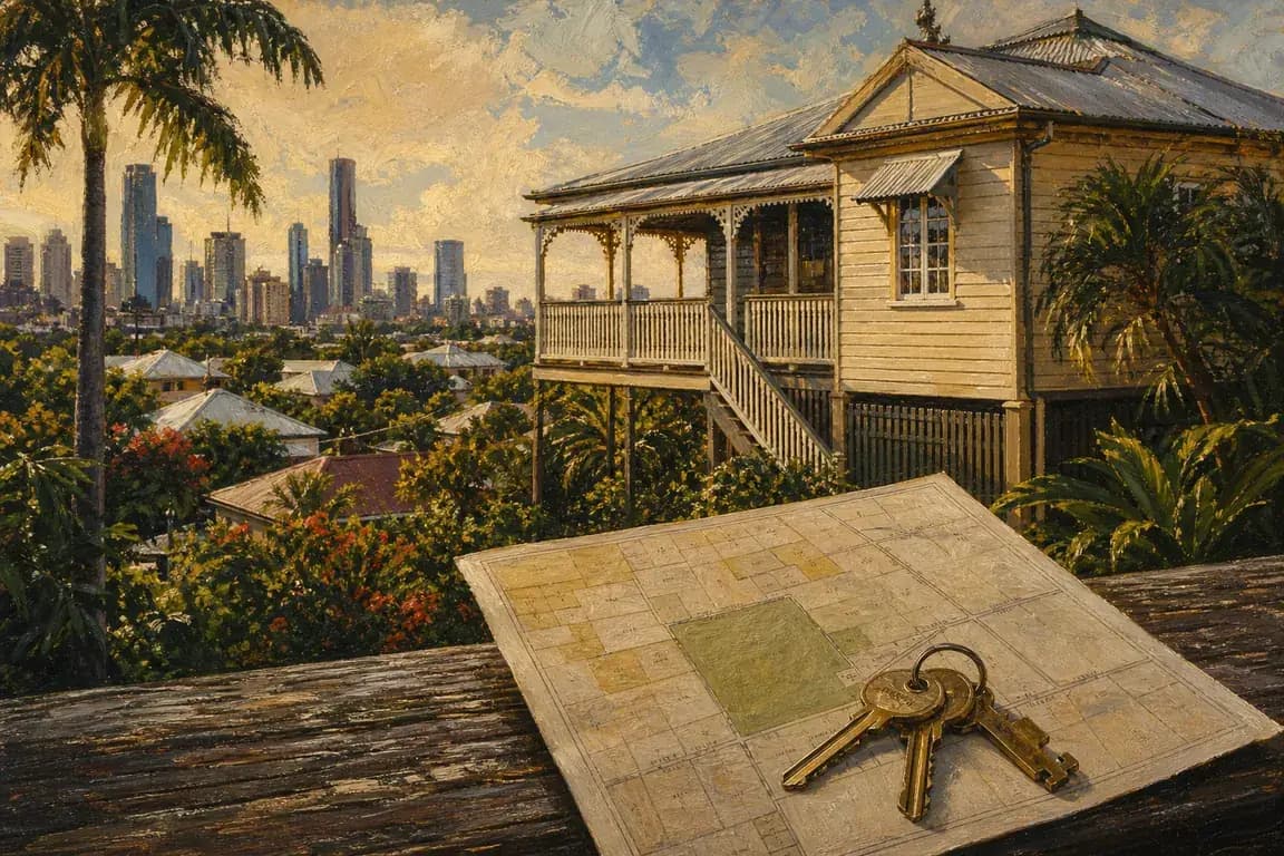 Textured oil painting of Brisbane's skyline and Queensland architecture