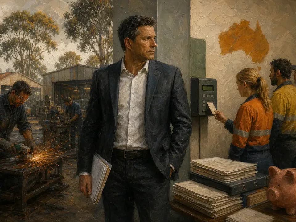 Textured oil painting of a director, employees and payroll obligations