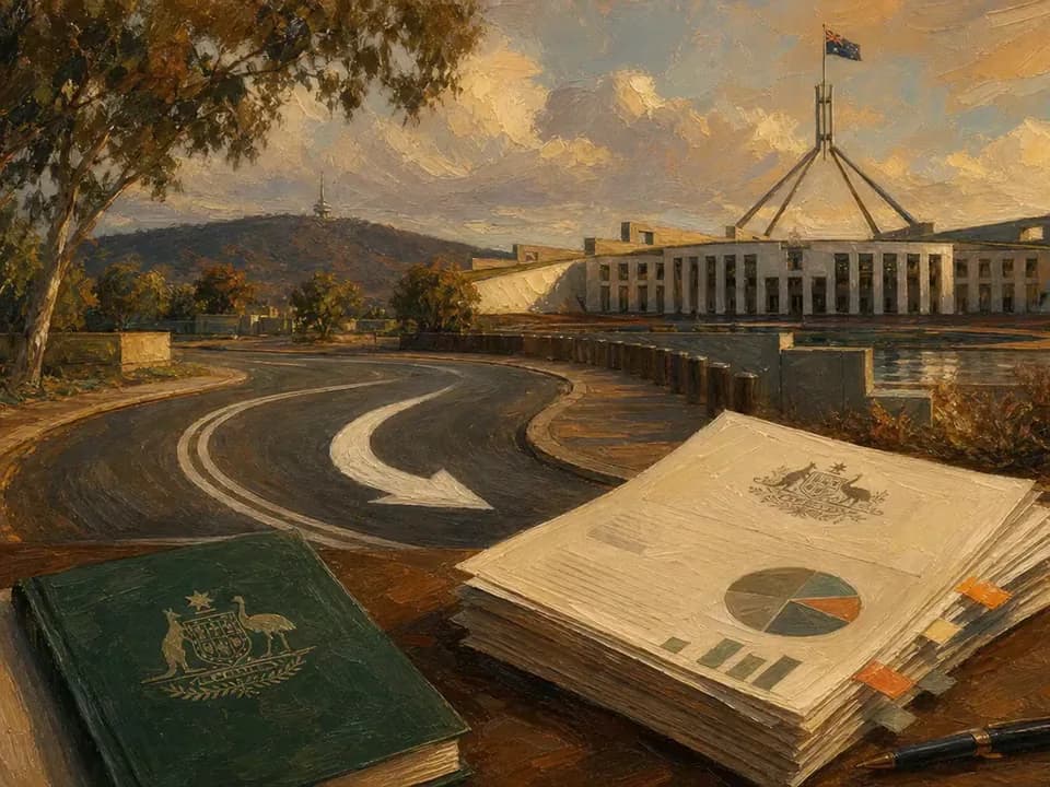 Textured oil painting of Parliament House and a tax-policy U-turn
