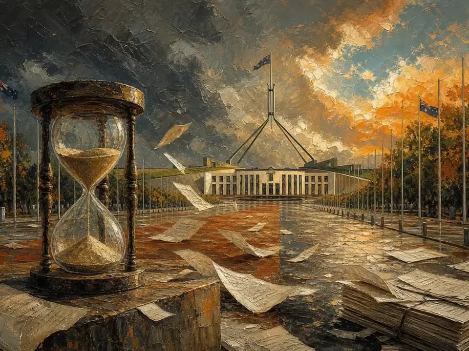 Textured oil painting of Parliament considering future Australian tax changes