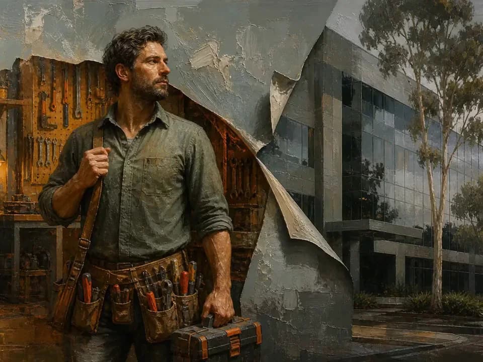 Textured oil painting of an individual worker behind a corporate facade
