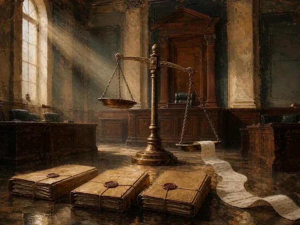 Textured oil painting of scales, court decisions and an invoice