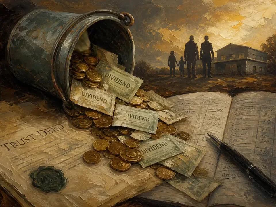 Textured oil painting of a leaking bucket of distributions and a trust ledger